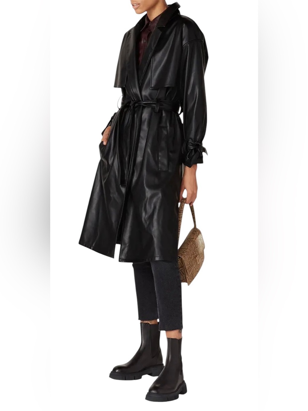 Love, Whit by Whitney Port Black Faux Leather Trench Coat Size Large
